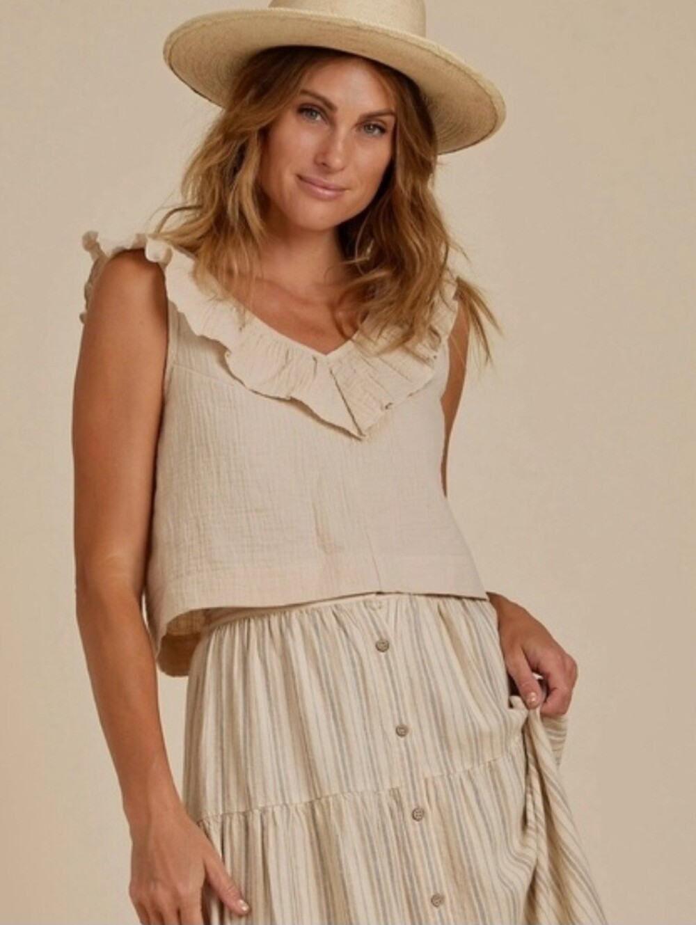 Rylee + Cru Women's Ruffled Mustard Yellow Tank Crop Top Medium